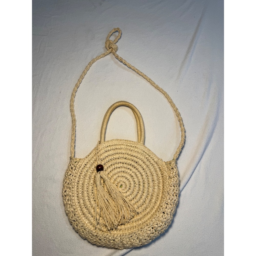 Solid & Striped Woven Straw Circle Crossbody Bag Tassel Natural Beige